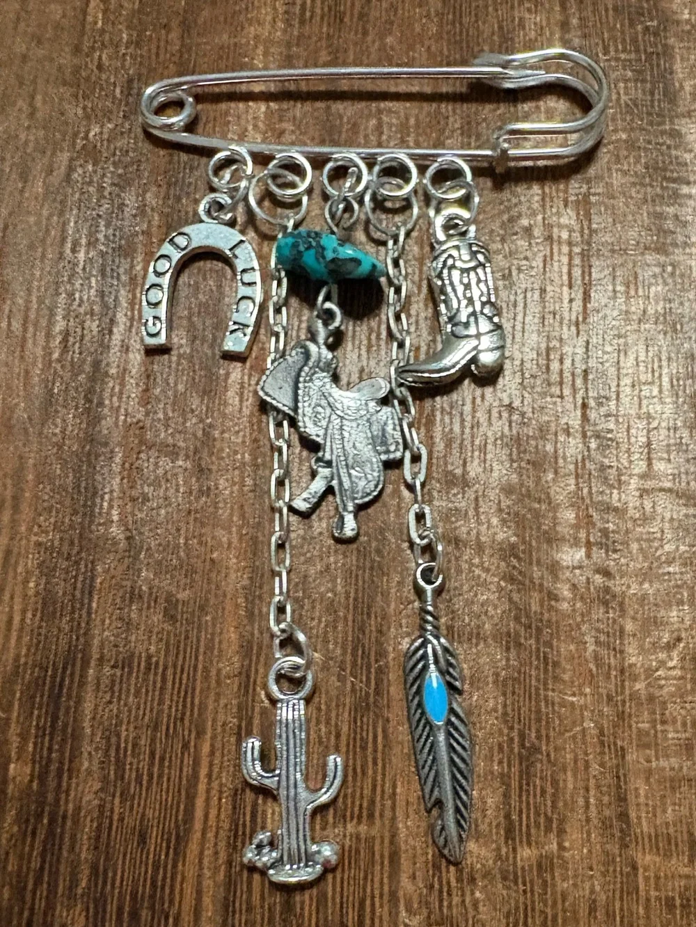 Western Charm pin  Brooch with Turquoise Accents - Silver Tone